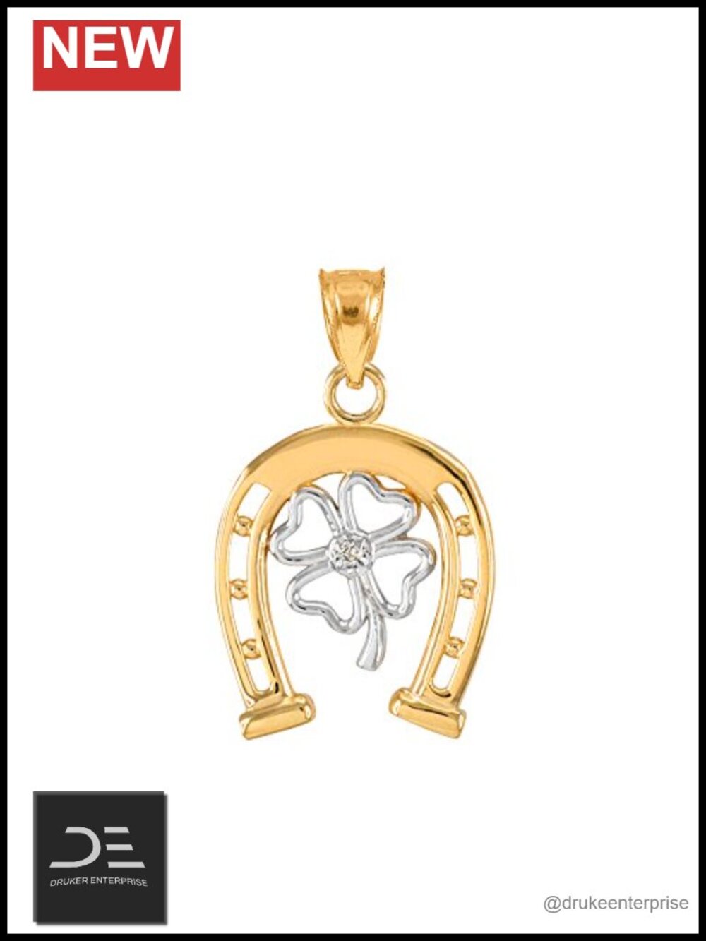 10k Two-Tone Gold Horseshoe 4-Leaf Clover Diamond Pendant